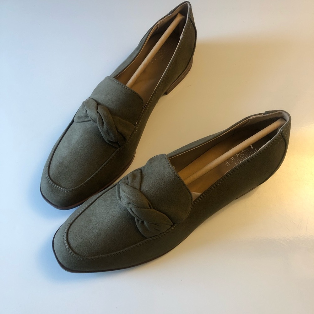 Market & Spruce BROWN (moss green undertone) woven detail women’s loafers.